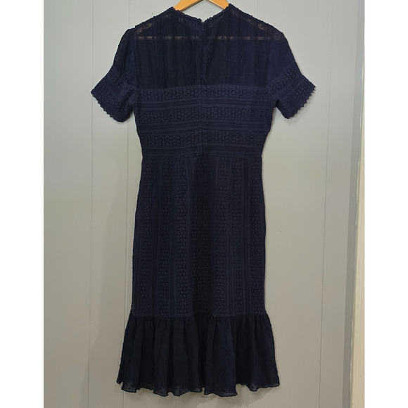 Chelsea28 Dress Lacy Sheath Midi Ruffle Hem Navy Blue Gauze Eyelet Size Large - Picture 3 of 10